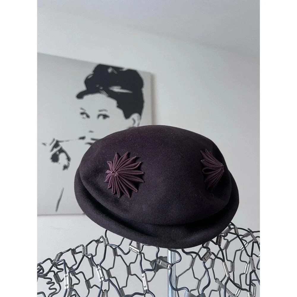 Vintage Merrimac Hat Corp‎ Excello 100% Wool Pillbox Hat Brown Starburst